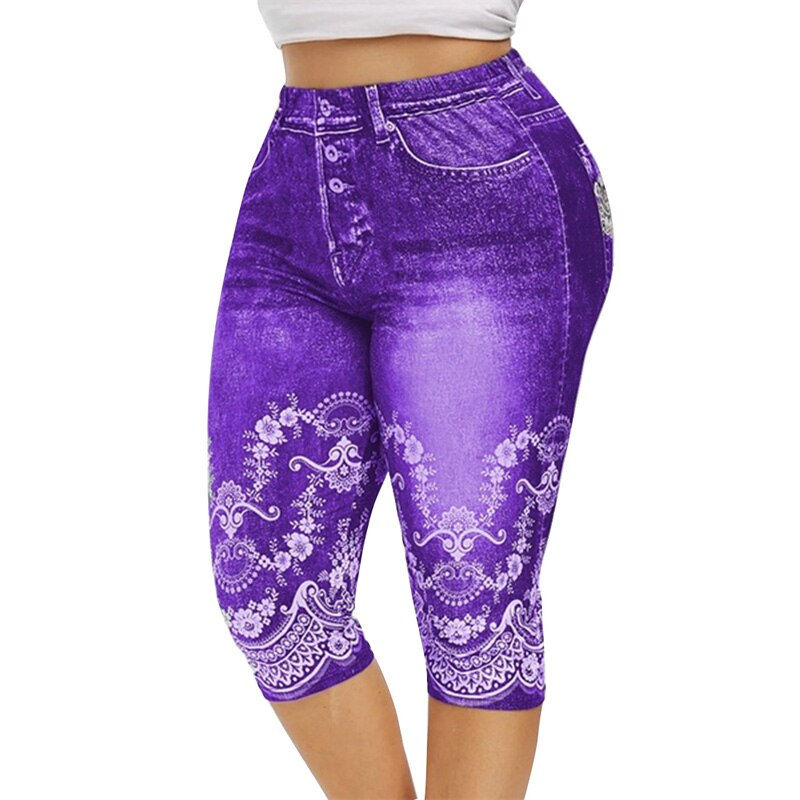 Thumbnail: Printed False Denim Yoga Pant 3\4 Women Jeans Leggings High Waist Breeches Capr