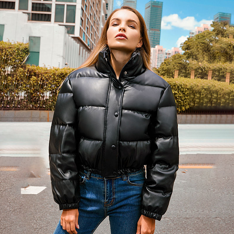Thumbnail: Women Leather Jacket Winter Thick Warm Short Coats Puffer Jacket