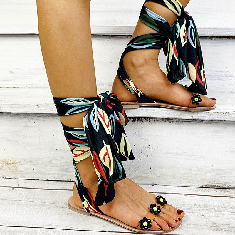 Thumbnail: 2023 Women Flat Sandals Ankle Strap Beaded Special Handmade Sandals Women's Sho