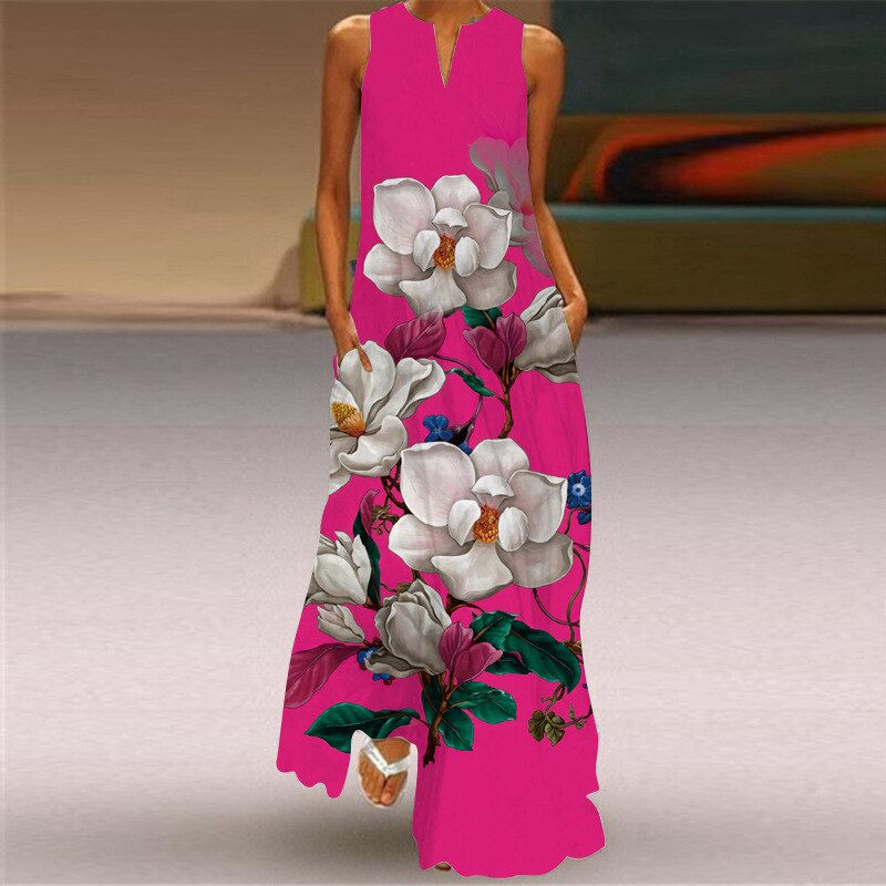 Thumbnail: Fashion Style Vintage Printing Women Sundress Summer V-neck Sleeveless Long Dre