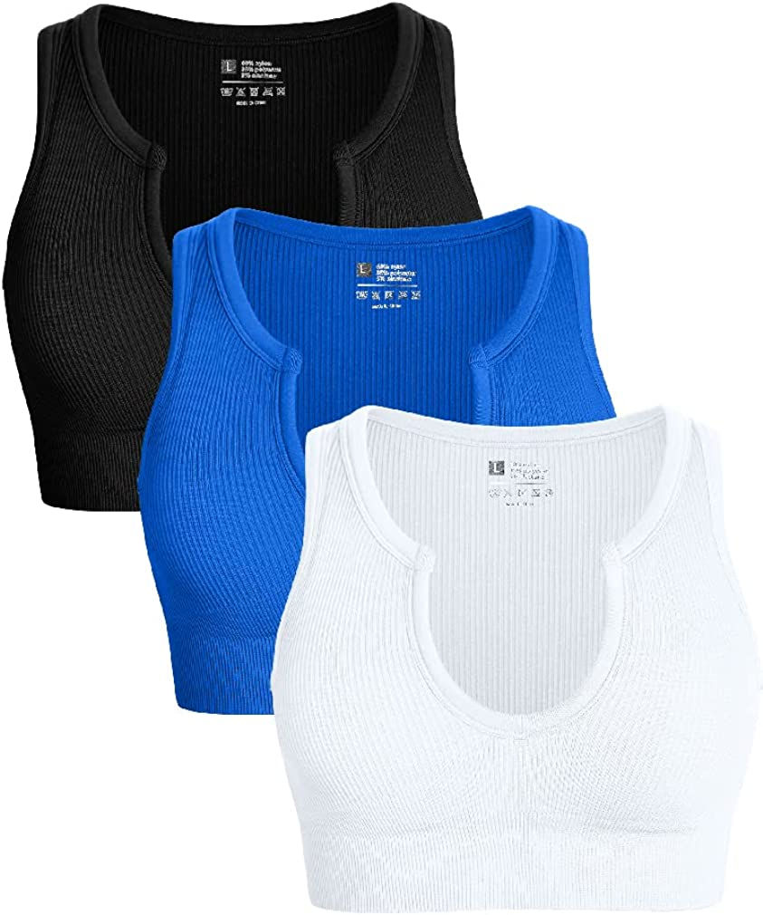 Thumbnail: OQQ Women's 3 Piece Medium Support Crop Top Seamless Ribbed Removable Cups Work