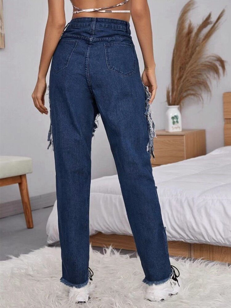 Thumbnail: Women's Fashion Hole Ripped Denim Scratched Straight Pants Female Trousers Jeans