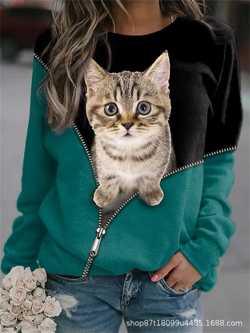 Thumbnail: 2023 Women's Sweater Pullover T-shirt Casual Loose Harajuku Animal Graphic Cat 