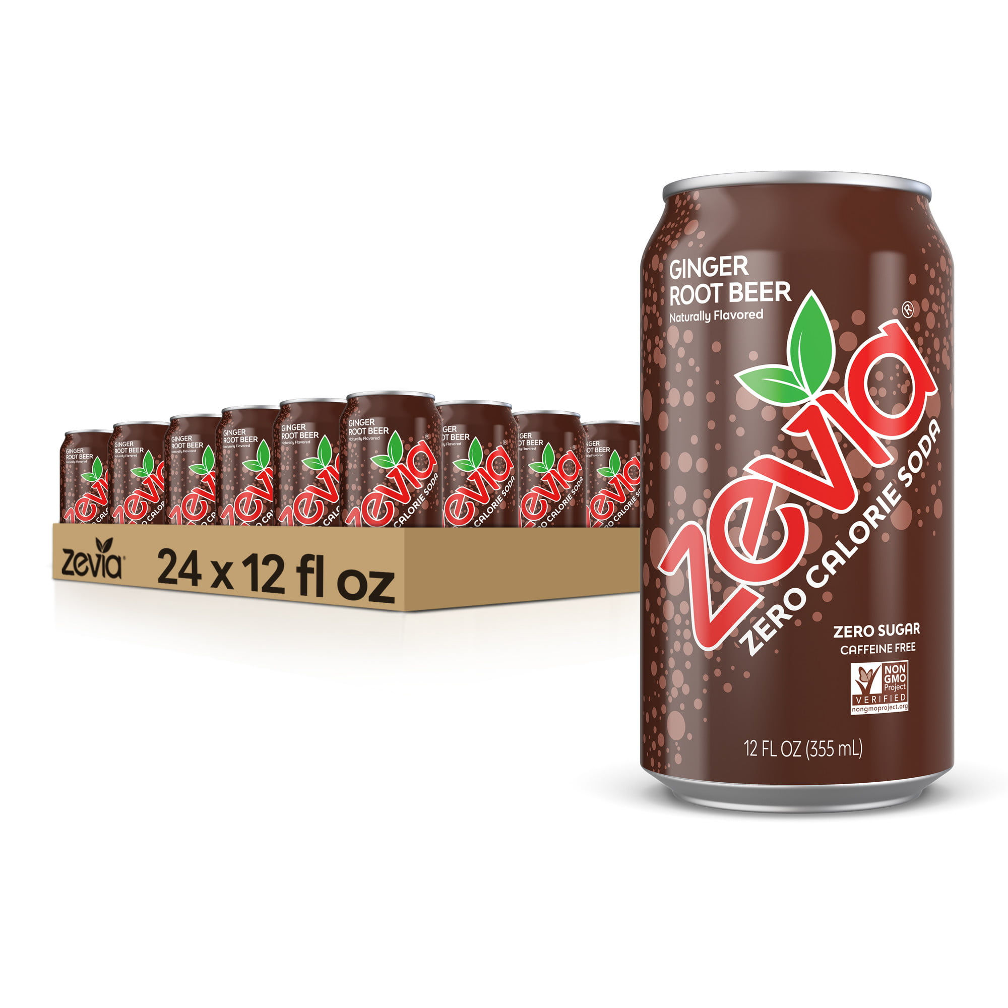 Zevia Zero Sugar Ginger Root Beer Soda Pop, 12 fl oz, 24 Pack of Cans