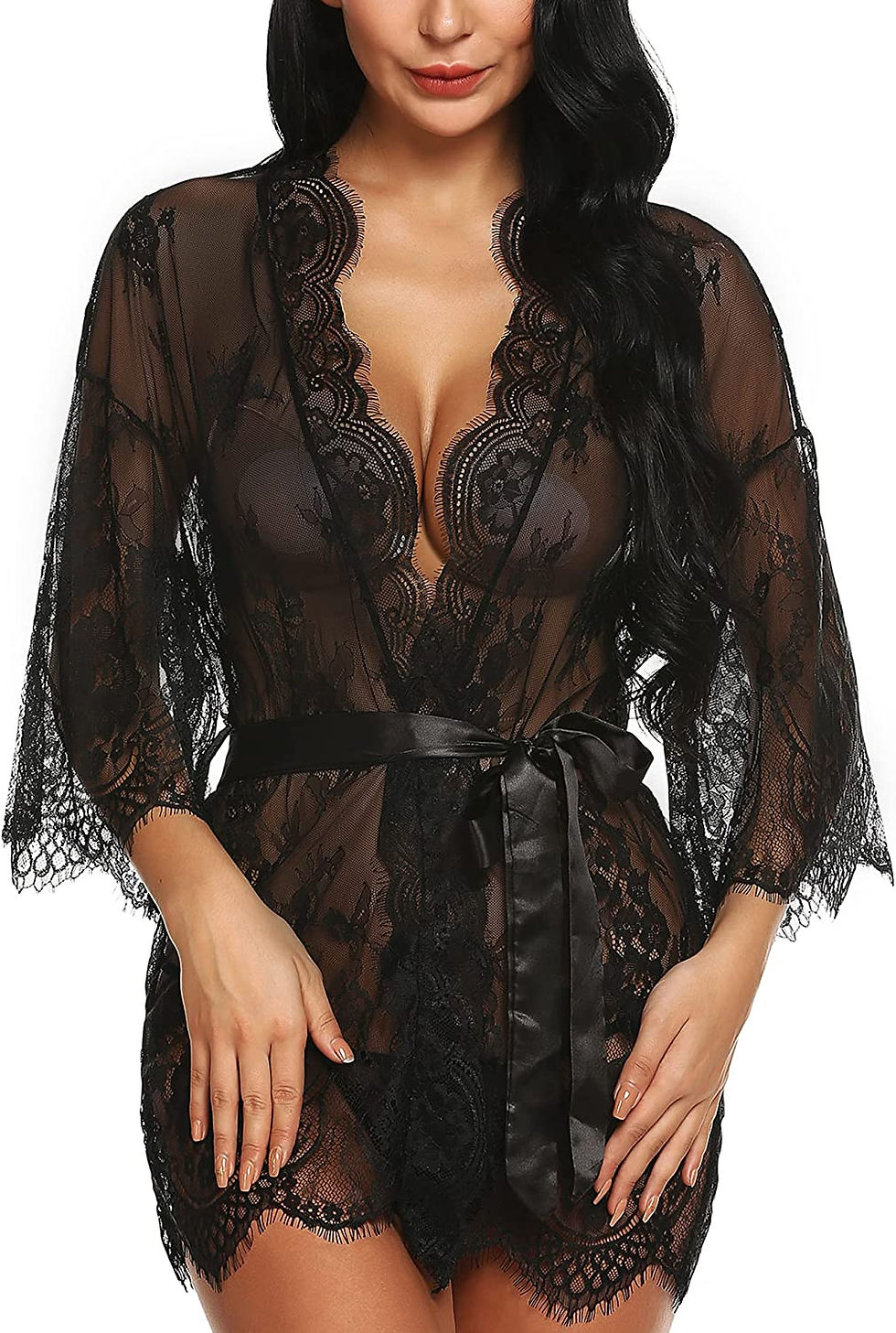 Miniatura: RSLOVE Women's Lace Kimono Robe Babydoll Lingerie Eyelash Nightgown Dress