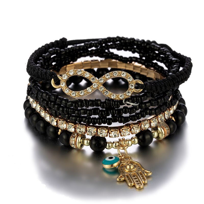 Thumbnail: 6Pcs Bohemian Hand Eye Beaded Bracelet Set For Women Crystal Geometric Charm Br