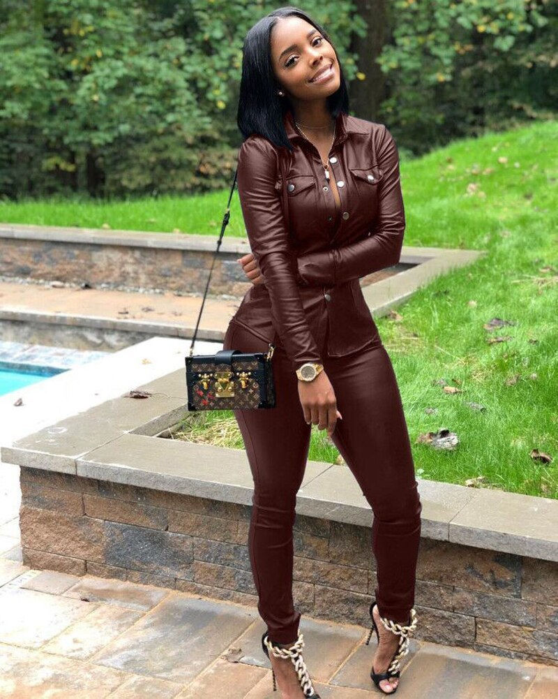 Thumbnail: Two Piece Women PU Tracksuits Set Fashion Faux Leather Turn Down Collar Button 