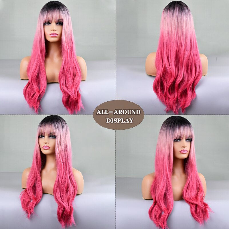 Thumbnail: Ombre Pink Straight Wave Wig with Bangs for Women Cosplay Wig 22 inch Long Synt