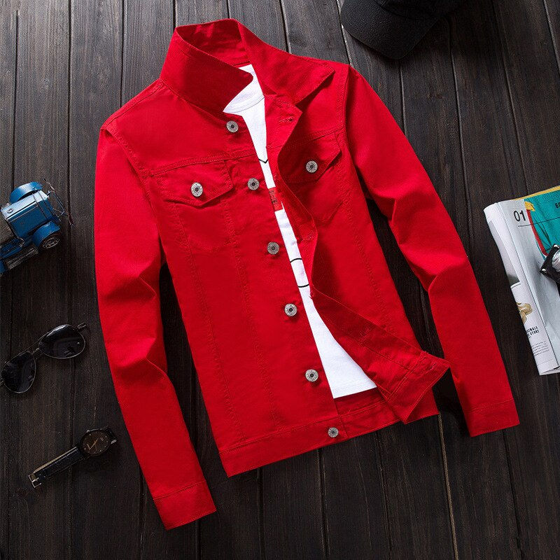 الصورة المصغرة: Spring 2020  Red Pink Black Jeans Jacket Men Slim Streetwear Ripped Denim Jacke