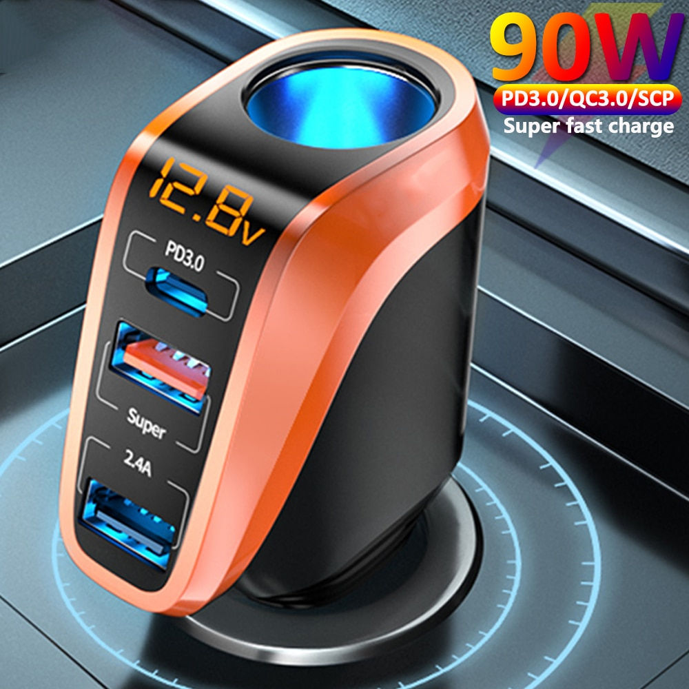 BUVAYE Car Charger Cigarette Socket 90W LED Display Type-C PD20W USB 66W QC 3.0