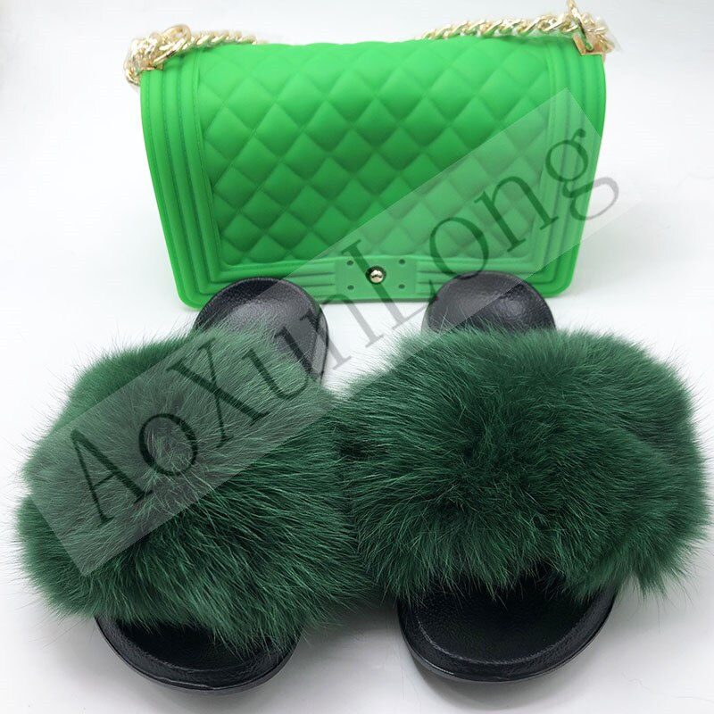 Miniatura: Fluffy Women Fur Slippers Set-Handbag Furry Real Fox Fur Slides Shoes Rainbow C