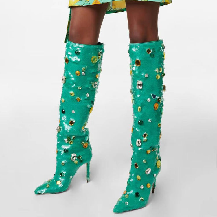 Thumbnail: Women Rhinestone Gemstone Knee High Boots Sequins Stiletto Heel Non-Slip Winter
