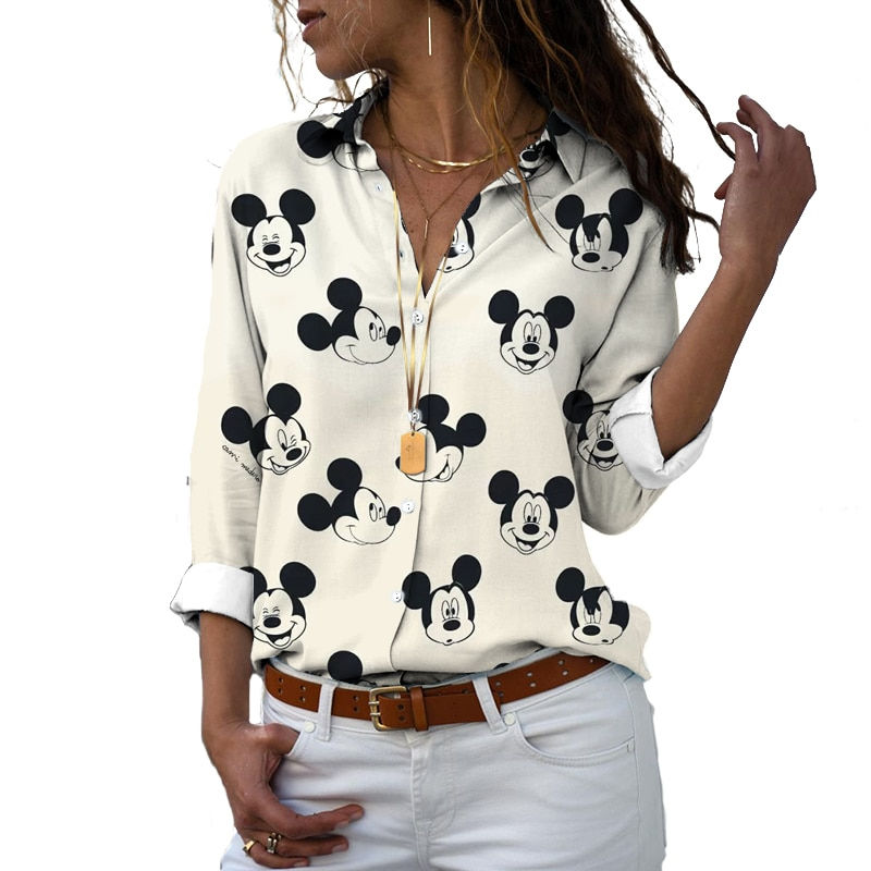 Thumbnail: New Disney Harajuku Slim Fit 3D Printed Women Button Long Sleeve Lapel Mickey M