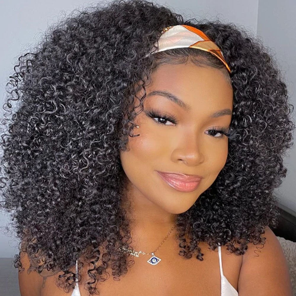 Afro Kinky Curly Headband Wigs 180% Density Human Hair Wig Glueless Free Headba