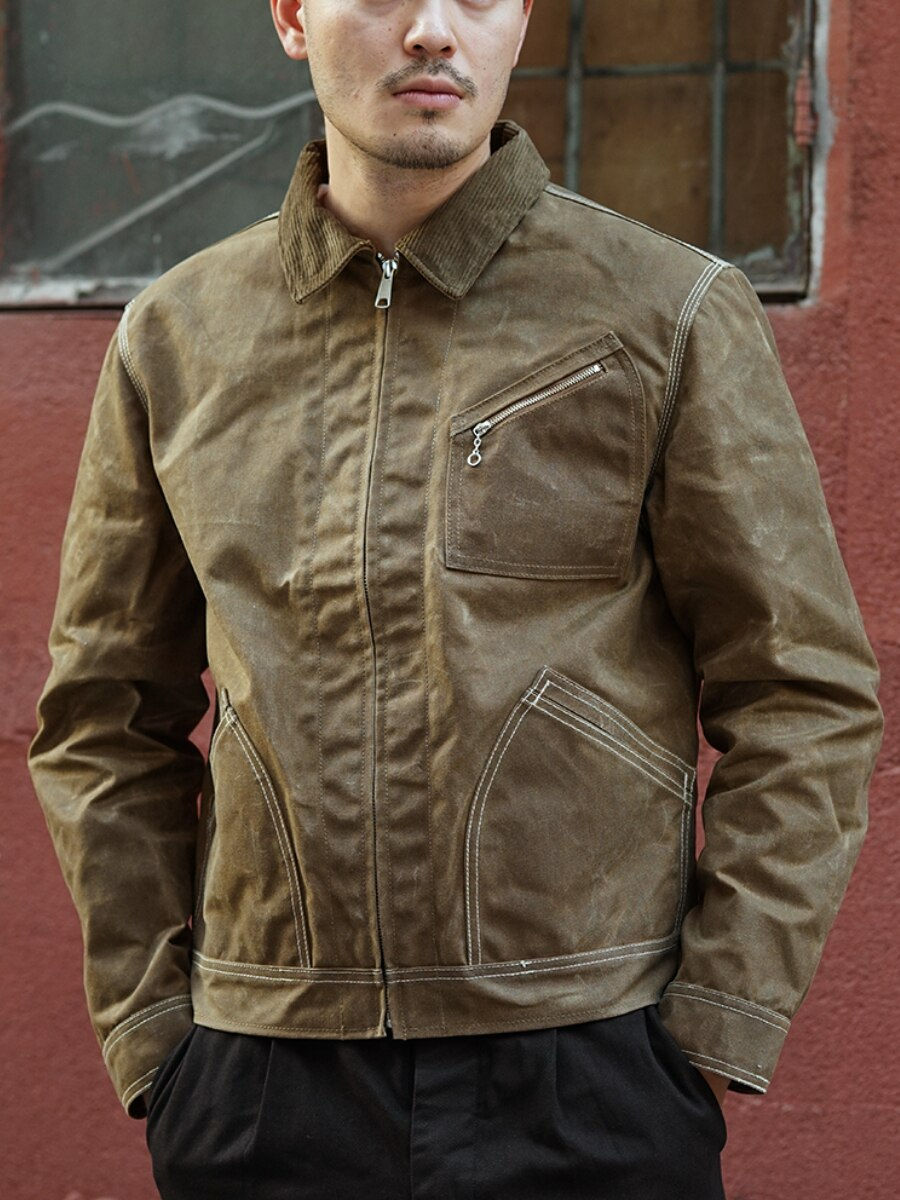 الصورة المصغرة: Vintage Men's Jacket Khaki Windproof Waterproof Biker Jacket Autumn Winter