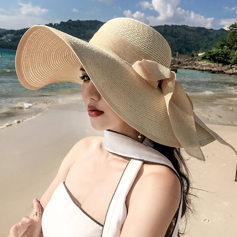 Thumbnail: Women Summer Beach Travel Straw Hat Korean Seaside Big Hat Brim Sunblock Sunsha