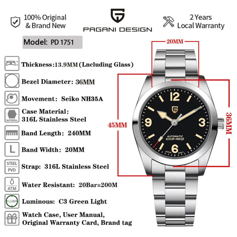 Thumbnail: 2023 New 36MM PAGANI DESIGN Men Automatic Mechanical Watches NH35 Sapphire Stai