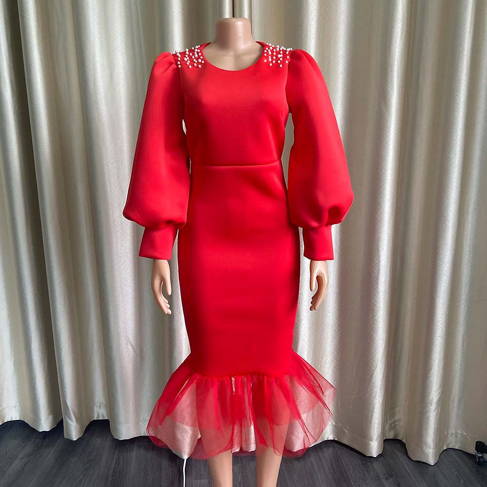 Thumbnail: Puff Sleeve Mesh Patchwork Dinner Dress Bead Dress Evening Dresses