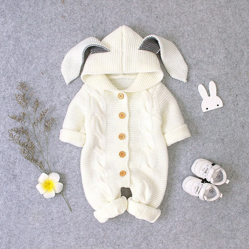 Thumbnail: Knitted clothing with foot and hood baby clothes with fur collar for winter out