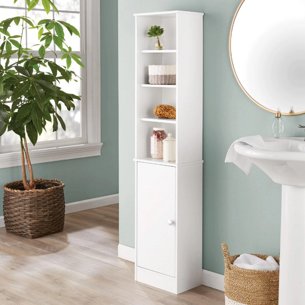 White Bathroom  Linen Tower with Open and Concealed Shelves,  bathroom furnitur