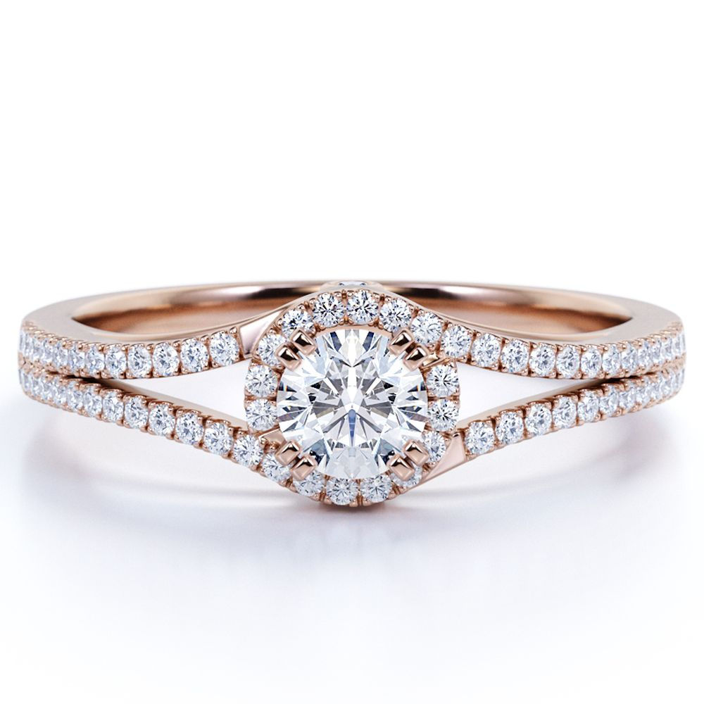 Round Engagement Ring - Round Cut Real Diamond - Split Shank - Halo Ring - 10K 