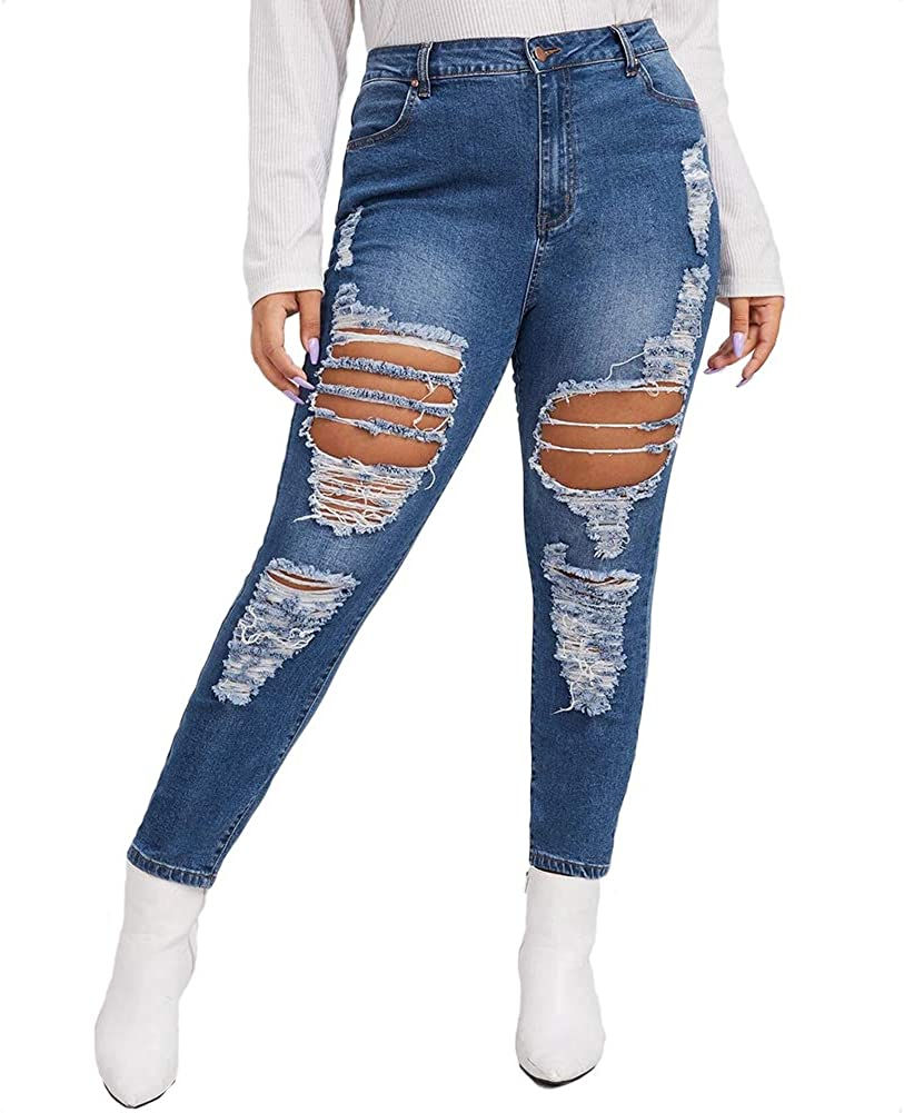 Thumbnail: ALLABREVE Women Plus Size Ripped Stretch Skinny Jeans, High Rise Distressed Den
