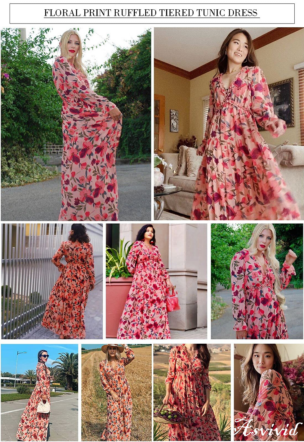 Thumbnail: Asvivid Womens Maxi Dress Boho Floral Print Casual Deep V Neck Long Sleeve Long