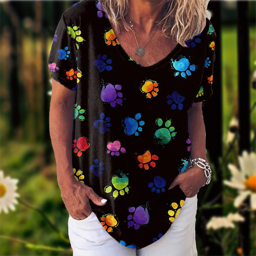 T Shirt For Women Print Cat Girls T-shirt Fashion Summer Short Sleeve V-neck Ca