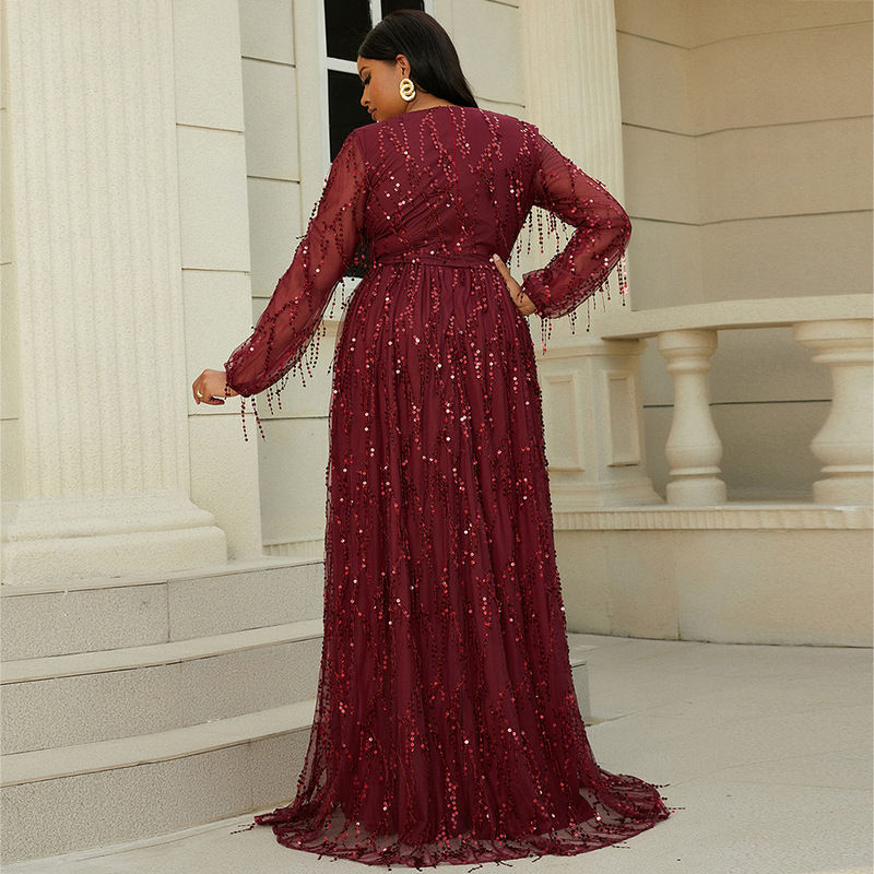 Миниатюра: Women Plus Size  Sequin Tassel Modest  Red Color Wedding  Evening Dinner Dress