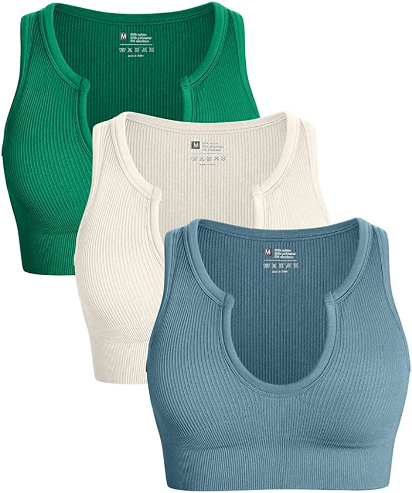 Thumbnail: OQQ Women's 3 Piece Medium Support Crop Top Seamless Ribbed Removable Cups Work