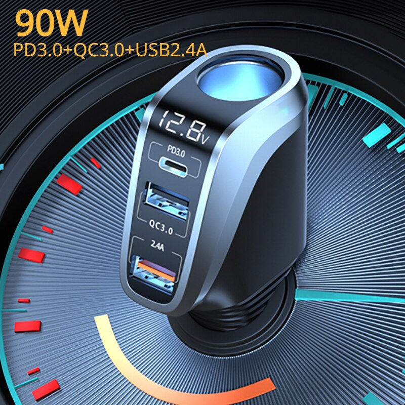 Miniaturbild: BUVAYE Car Charger Cigarette Socket 90W LED Display Type-C PD20W USB 66W QC 3.0