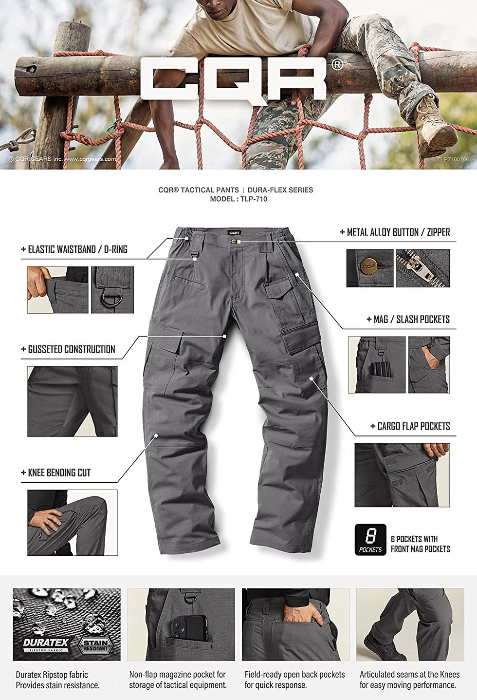 Thumbnail: CQR Men's Flex Ripstop Tactical Pants, Water Resistant Stretch Cargo Pants, Lig