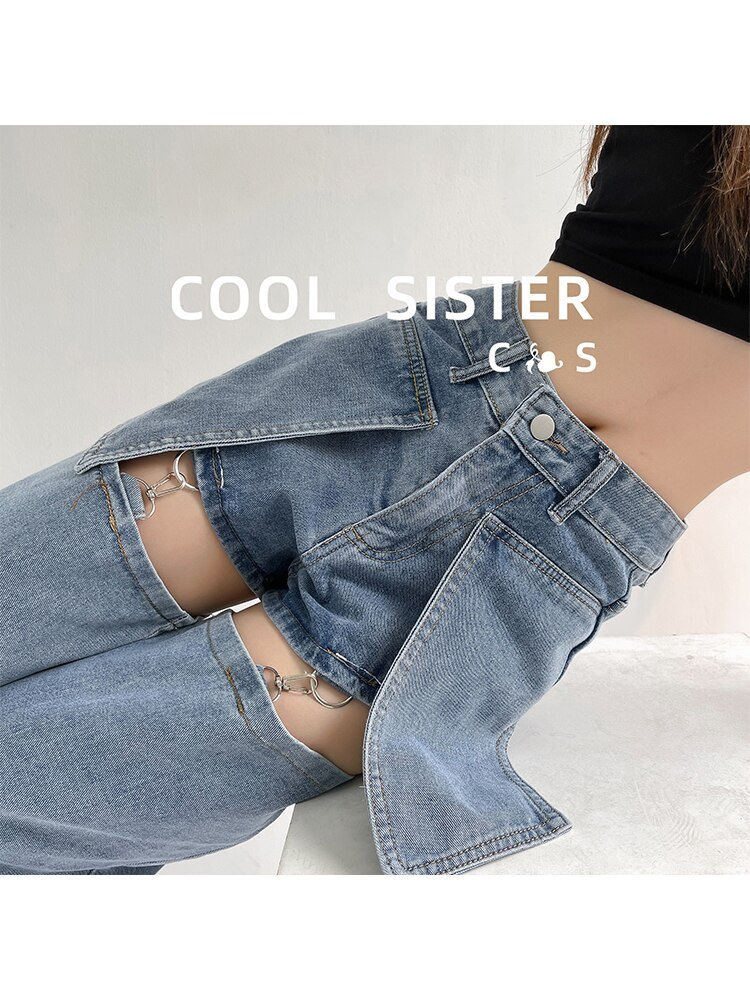 Миниатюра: Vintage High Waist Harajuku Style Blue Ripped  Jeans Pants Korean Fashion Women