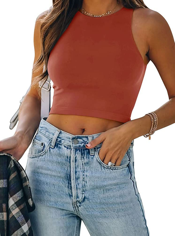 Thumbnail: REORIA Women’s Sexy Sleeveless Racer Back Tank Tops Halter Neck Crop Tops
