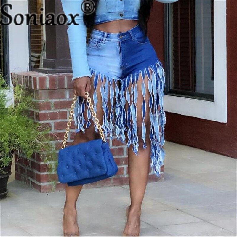 Miniaturbild: Tassel Denim Shorts Women Summer High Waist Sexy Night Club Rave Short Jeans Ri