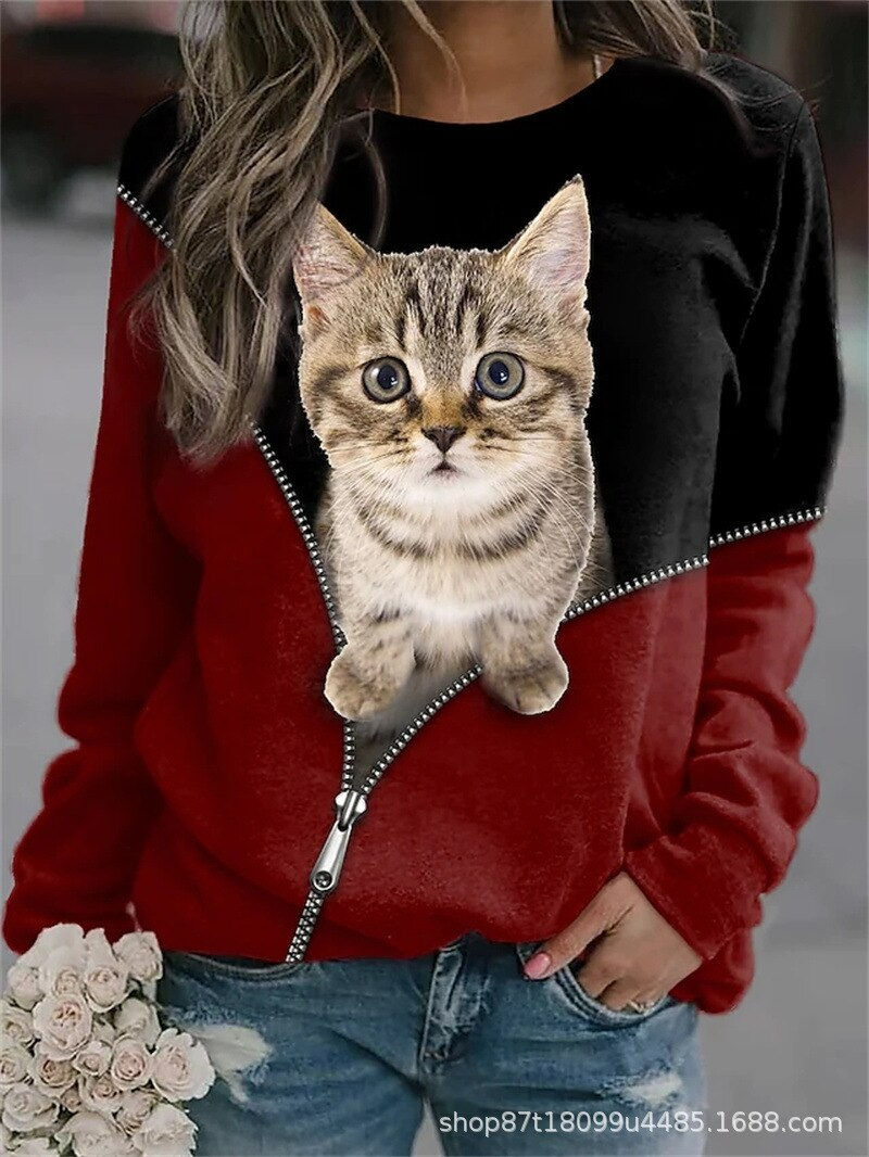 Thumbnail: 2023 Women's Sweater Pullover T-shirt Casual Loose Harajuku Animal Graphic Cat 