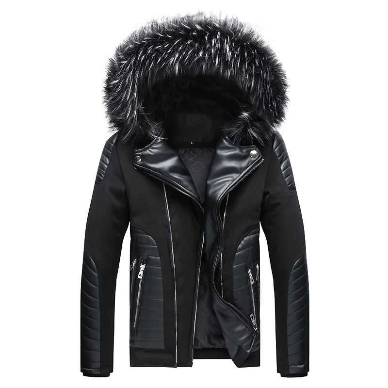 Miniature : Men Winter Hooded Faux Fur Leather Style Biker Motorcycle Outwear Jackets