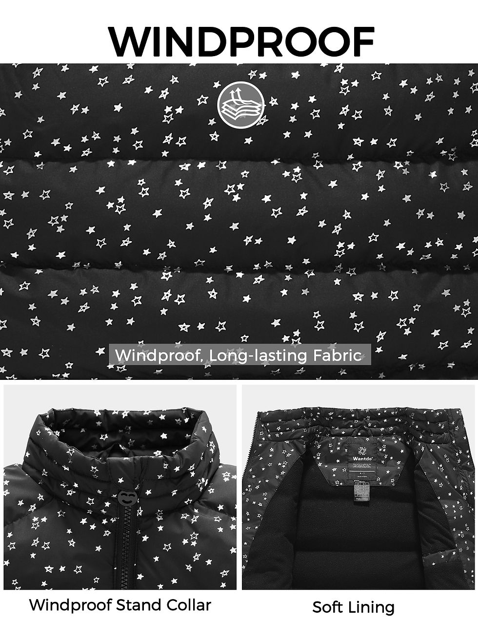 Miniature : Wantdo Girl's Winter Coat Puffer Fleece Vest Warm Outdoor Jacket Black Star 14/
