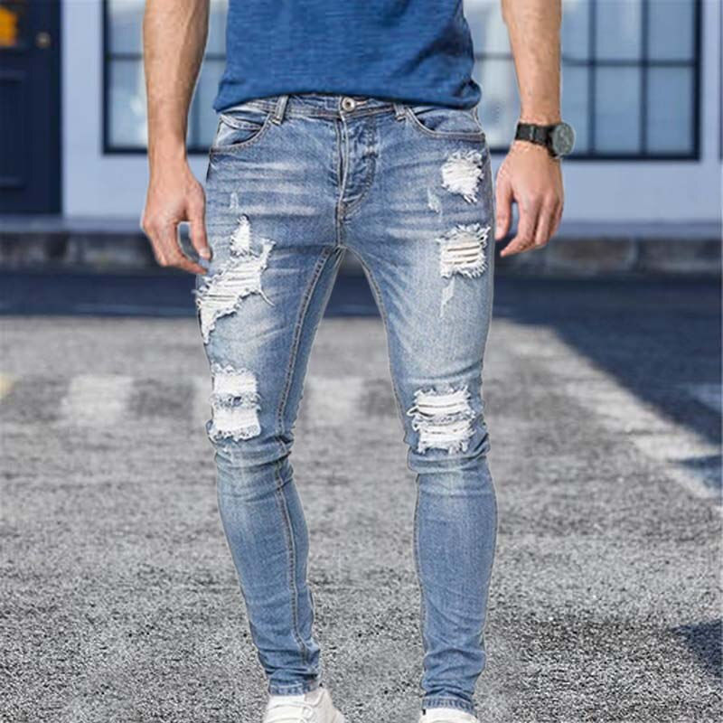 Миниатюра: White Embroidery Jeans Men Cotton Stretchy Ripped Skinny Jeans High Quality Hip