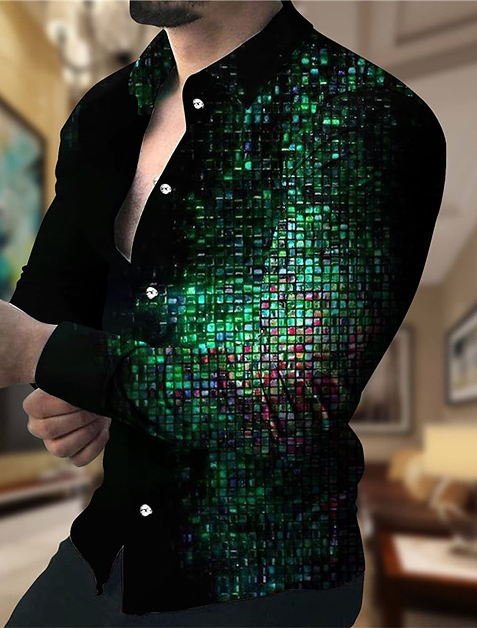 Thumbnail: Luxury Prom Party Luminous High Quality Button Up Top Fashion Lapel Long Sleeve