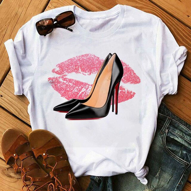 Thumbnail: Champagne high heels pattern women's top women's summer fashion short-sleeved r