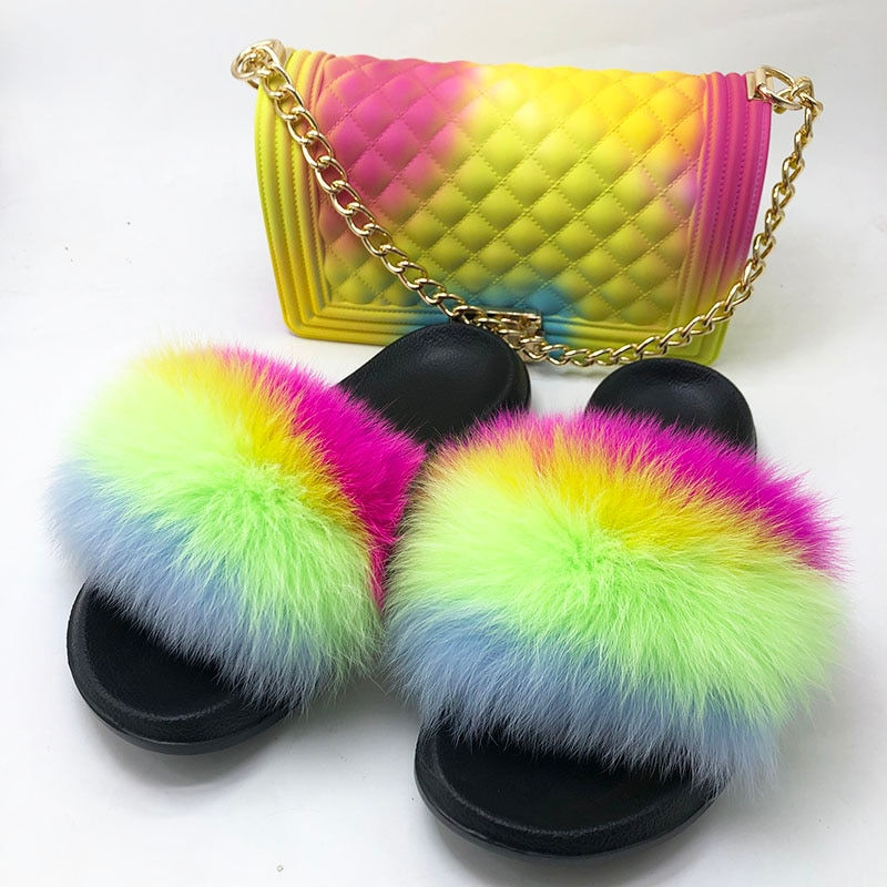 Miniatura: Fluffy Women Fur Slippers Set-Handbag Furry Real Fox Fur Slides Shoes Rainbow C