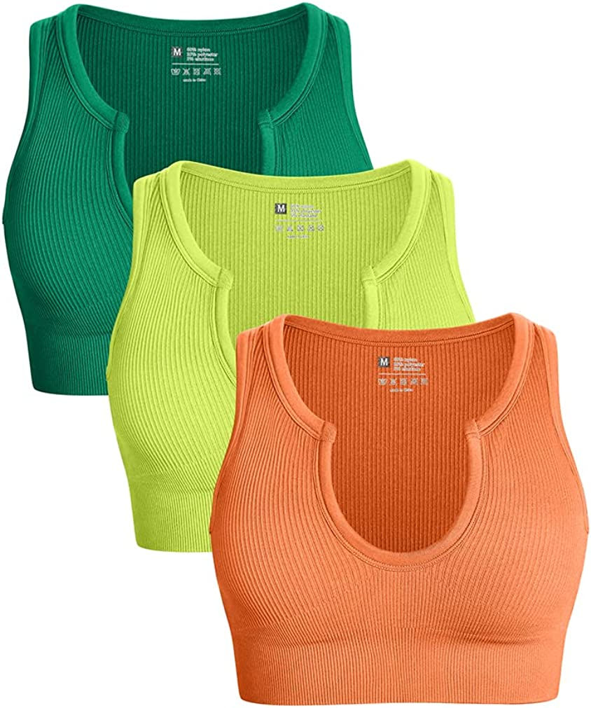 Thumbnail: OQQ Women's 3 Piece Medium Support Crop Top Seamless Ribbed Removable Cups Work