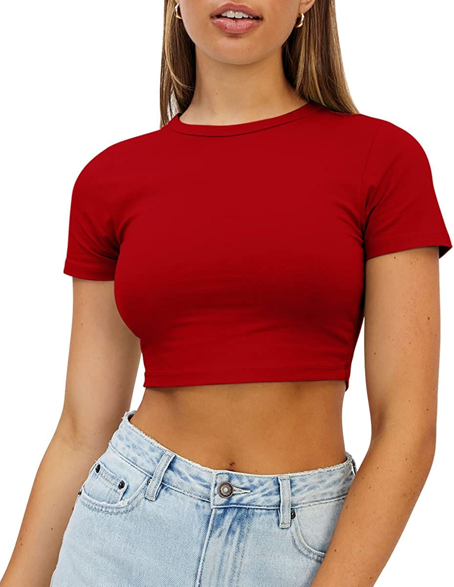 Thumbnail: WYNNQUE Crop Tops Cute Trendy Basic Tight Scoop Neck Crop Short Sleeve Crop Top