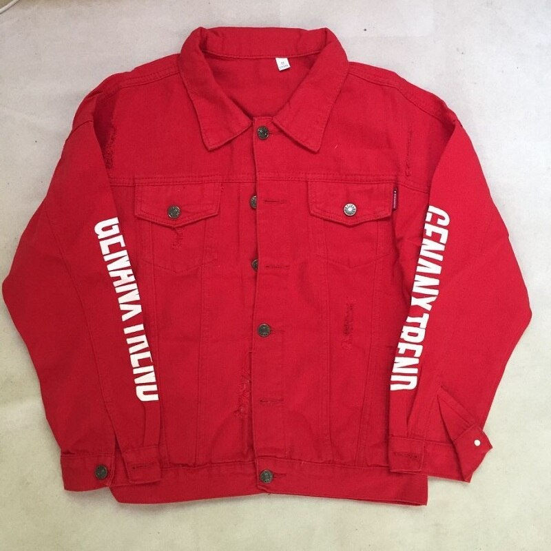 الصورة المصغرة: Spring 2020  Red Pink Black Jeans Jacket Men Slim Streetwear Ripped Denim Jacke