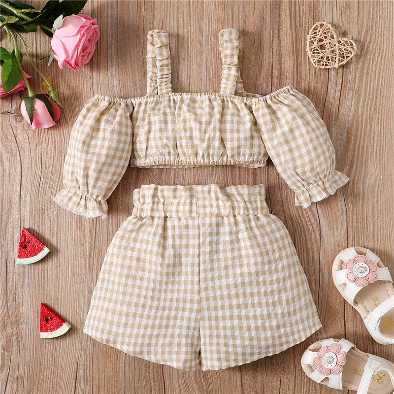 الصورة المصغرة: 1-4 Years Toddler Girls Two-Piece Outfits Plaid Hollowed Shoulder Crop Tops + E
