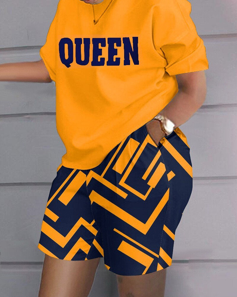 Thumbnail: Summer Women Shorts Suit Sets Short Sleeve Round Neck Plaid Letter Print Split 