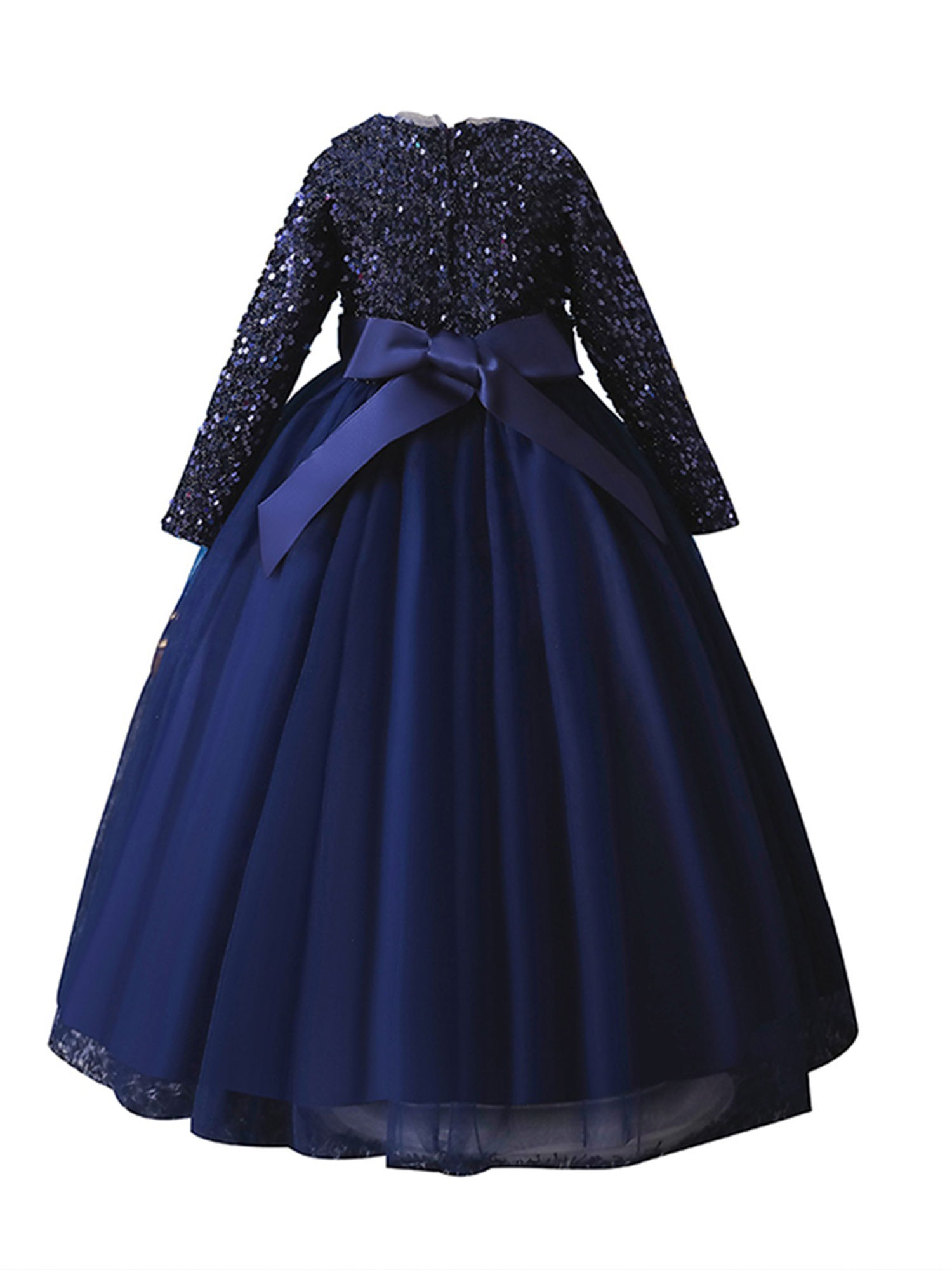 Girls Banquet Dress Shiny Sequins Embellished Long-sleeved V-neck Stitching Mul