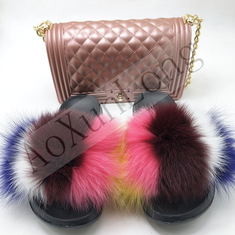 Miniatura: Fluffy Women Fur Slippers Set-Handbag Furry Real Fox Fur Slides Shoes Rainbow C