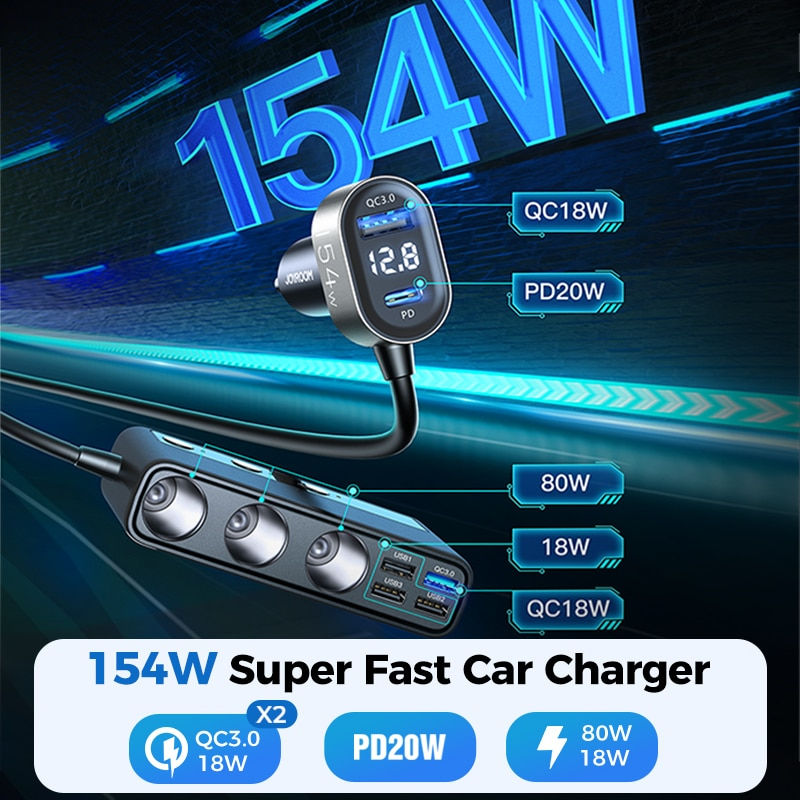 Thumbnail: Joyroom 154W  9 in 1 Car Charger Adapter PD 3 Socket Cigarette Lighter Splitter